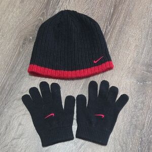 Nike Kids Matching Black Beanie and Gloves with Red Knit Trim Set Unisex